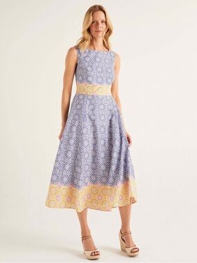 Boden NWT Blue Yellow Pink White Medallion Cotton Midi Dress US Size 14